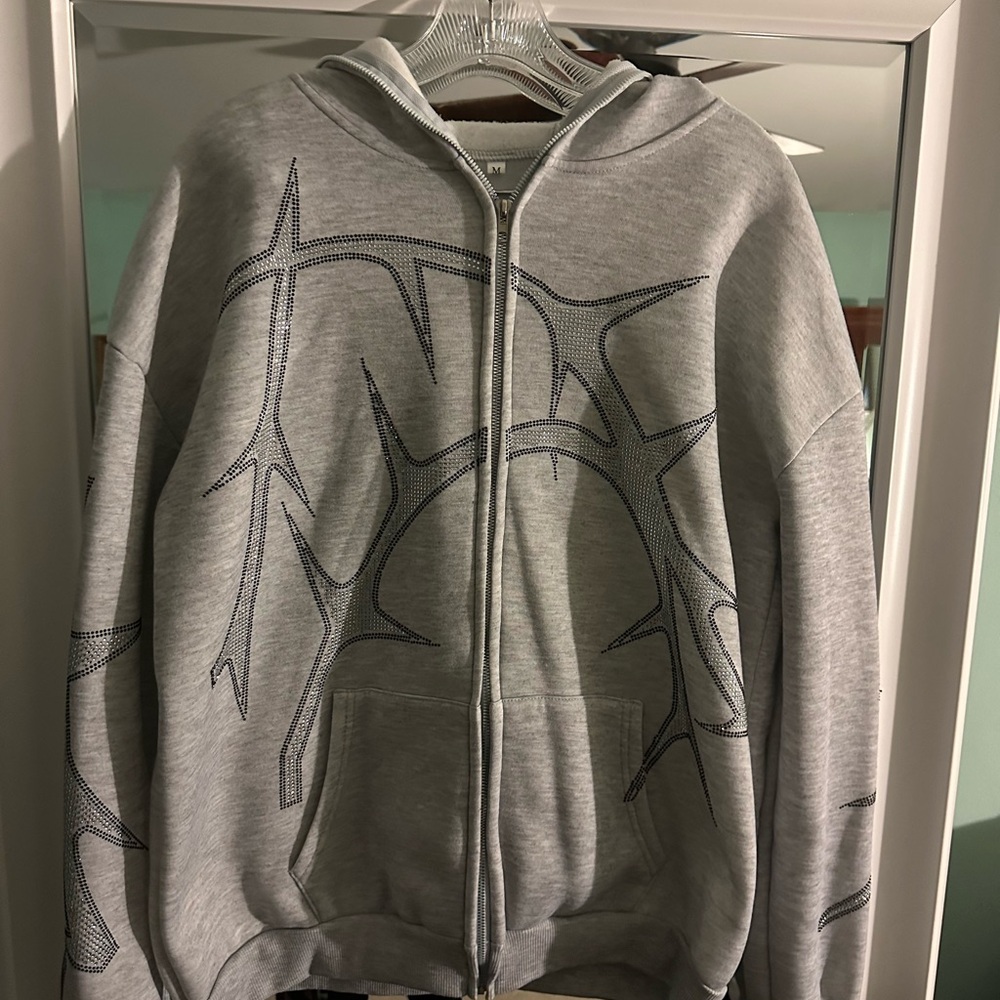 Gray Zip-up with Bedazzled Vines